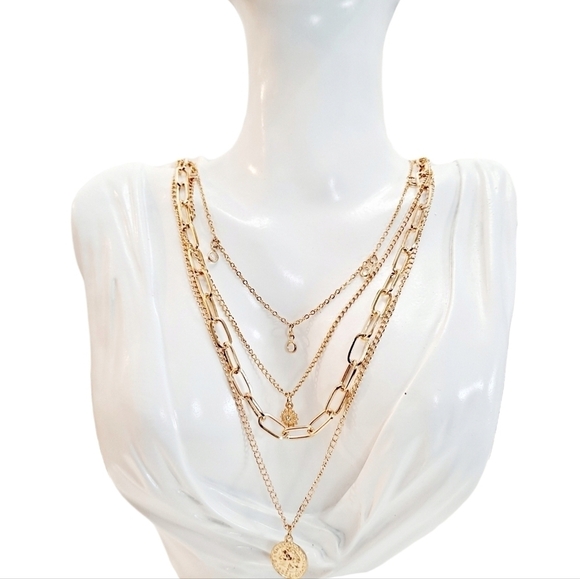 💖 2/$30 Chunky layered statement necklace Gold coin pendant Boho chain - Picture 11 of 12